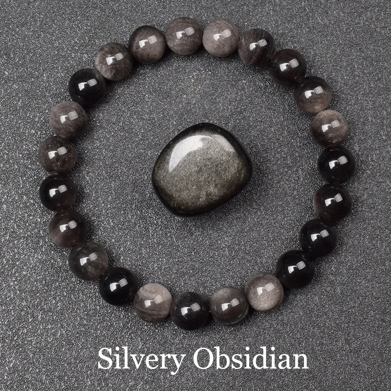 Pulseira de Contas de Pedra Natural para Ioga, Cura Reiki, Amuleto e Talismã da Sorte. MDUG (obsidiana Prateada, 21 Cm)