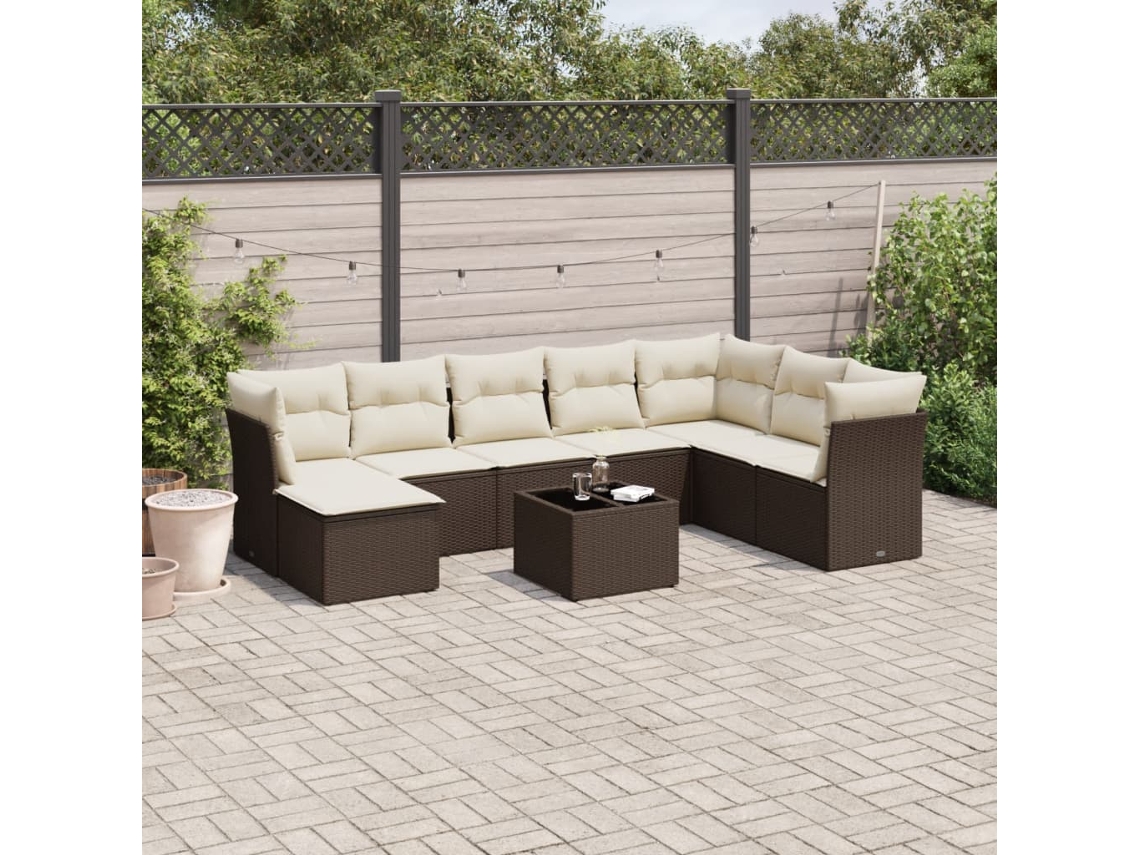 Vidaxl 9 Pcs Conjunto Sofás P/ Jardim C/ Almofadões Vime Pe Castanho