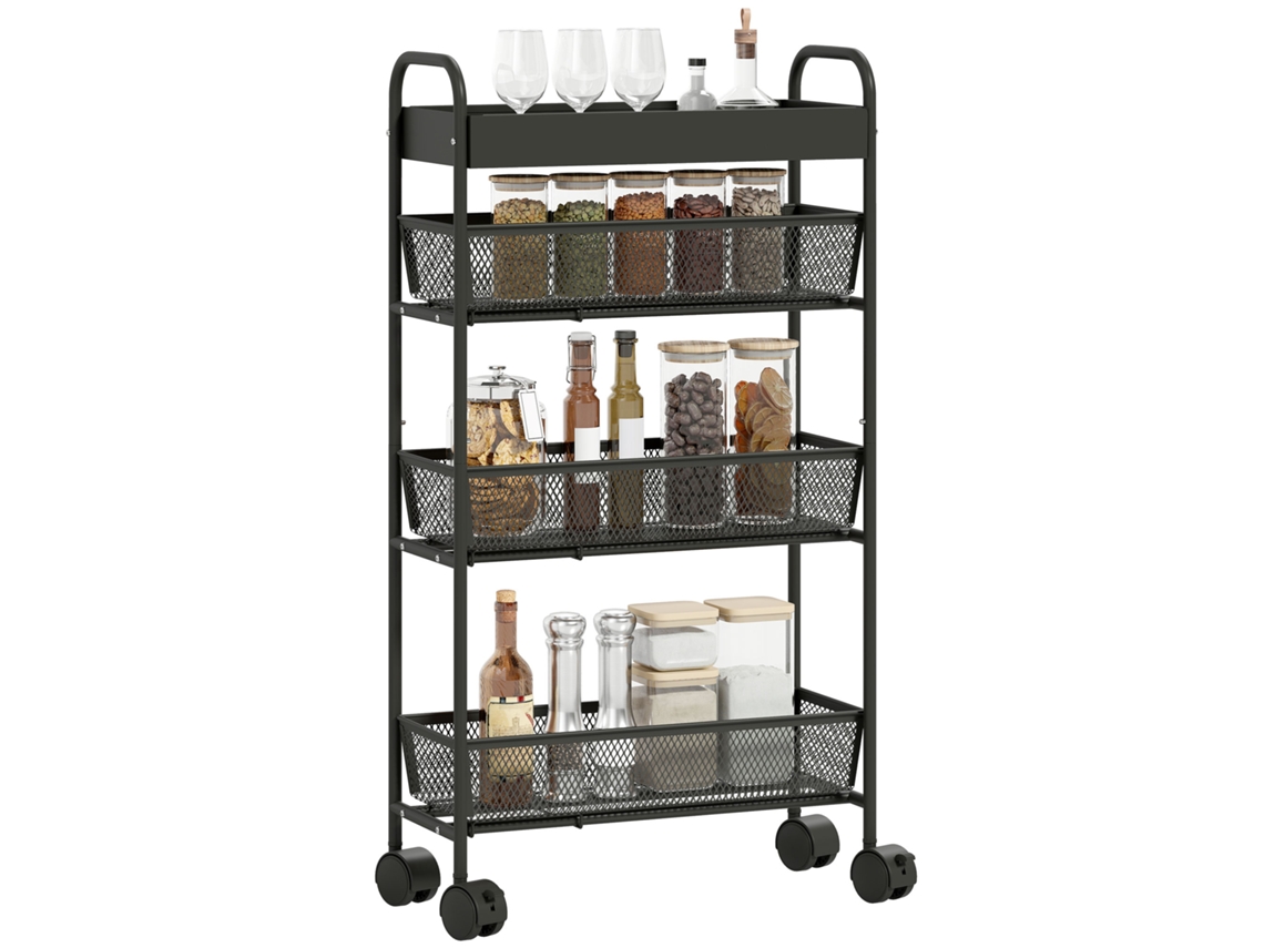 Carrinho Organizador de 4 Níveis, com Rodinhas, 3 Cestos Deslizantes, Cesto Superior de 19 X 43,2 X 80 Cm, Preto. LAMAISON
