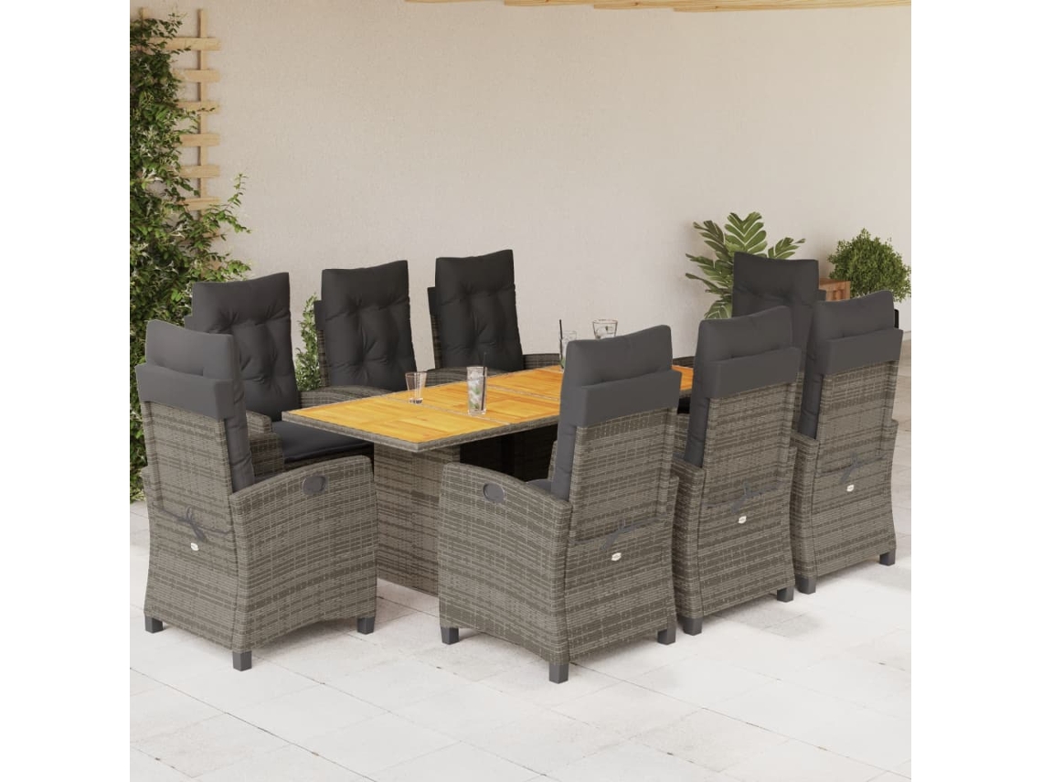 9 Pcs Conjunto De Jantar P/ Jardim C/ Almofadões Vime Pe Cinza Dkd Home Decor