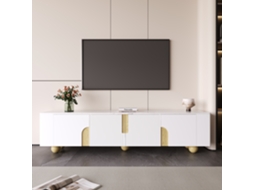 Armário De Tv Branco 180cm Com 4 Portas Design Elegante Superfície Em Efeito Mármore E Pés De Madeira Esféricos Mega Echo Trade Shop