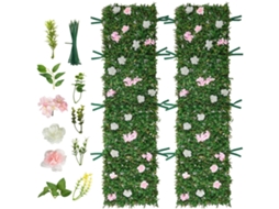 Jardim Vertical Artificial 61 X 243,8 Cm, Painel Decorativo de Parede 2 Unidades, Folhas Verdes e Flores Rosadas Brancas, Planta Decoração para