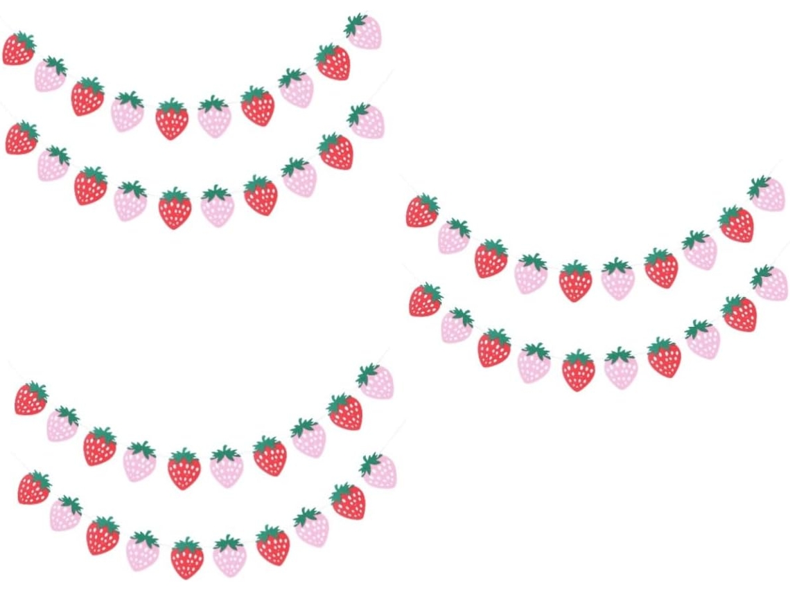 Conjunto Com 6 Faixas Decorativas De Morango Para Festas, Em Feltro.