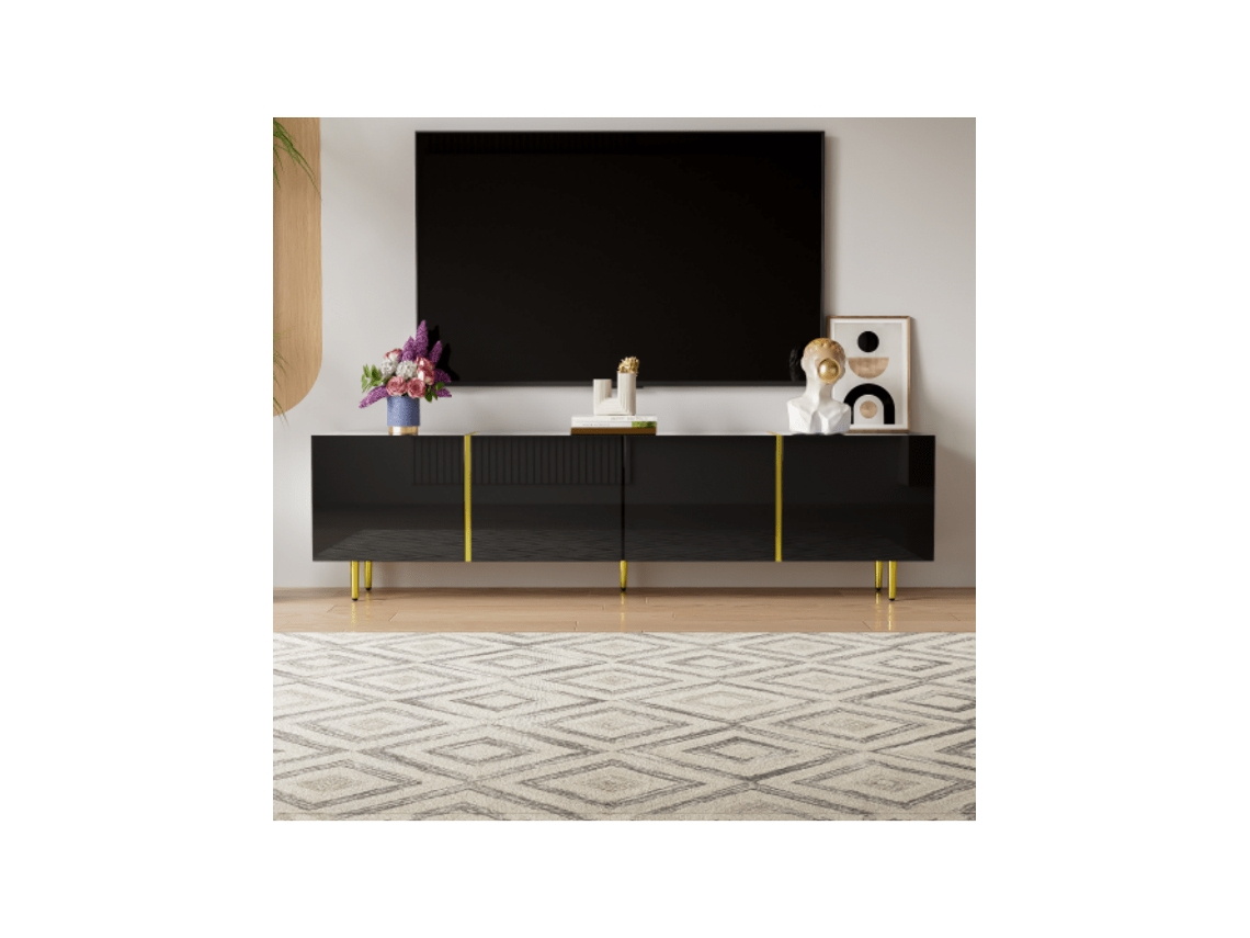 Móvel Tv Preto Alto Brilho Com 4 Portas, Combinação Moderna Preto E Dourado, Estilo Minimalista E Funcional Hvorstur