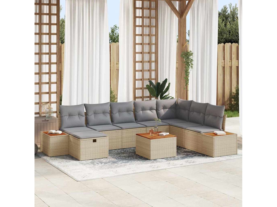 Vidaxl Conjunto De Sofá De Jardim 9 Unid. Bege Vime Pe