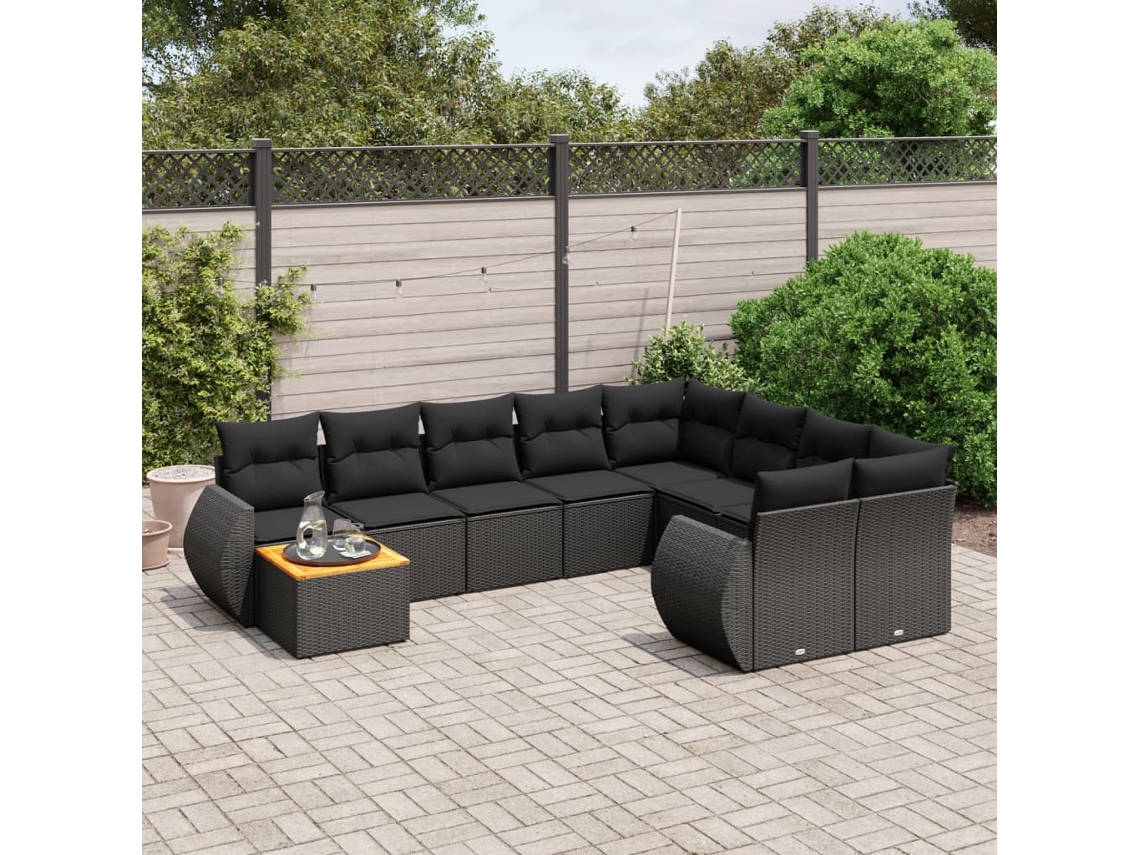 Vidaxl 10 Pcs Conjunto Sofás de Jardim C/ Almofadões Vime Pe Preto