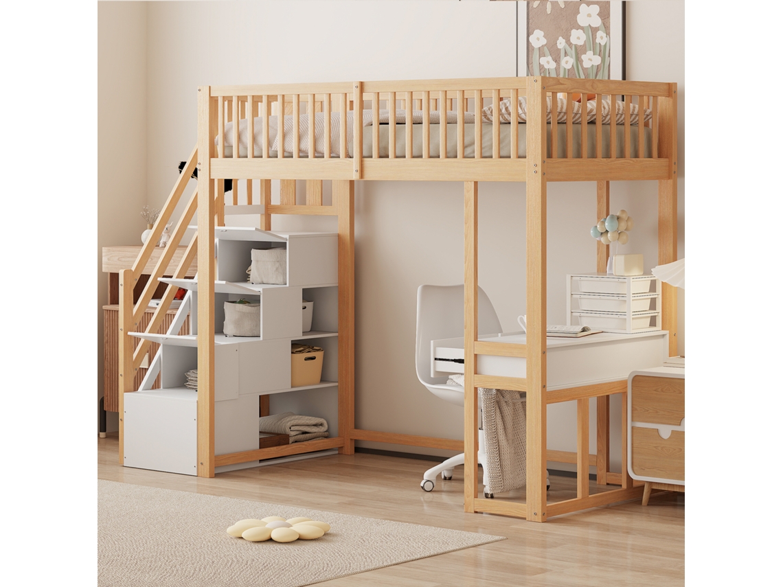 Cama Alta 90x200 Madeira Pinho Com Escada Armazenamento E Mesa