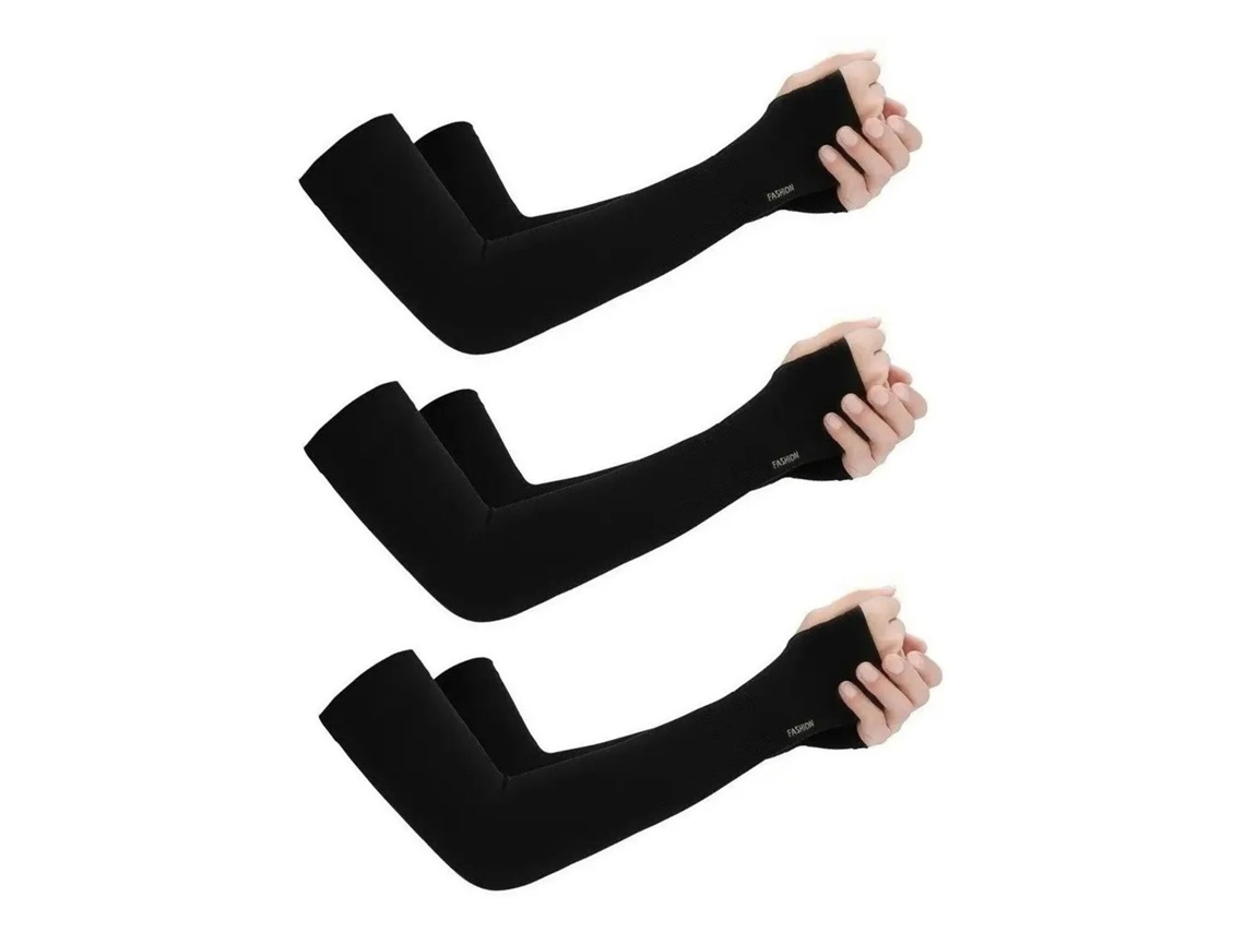 Mangas de proteção solar em seda gelada com alça para os dedos, 3 pares, pretas, para ciclismo de verão, tamanho único.