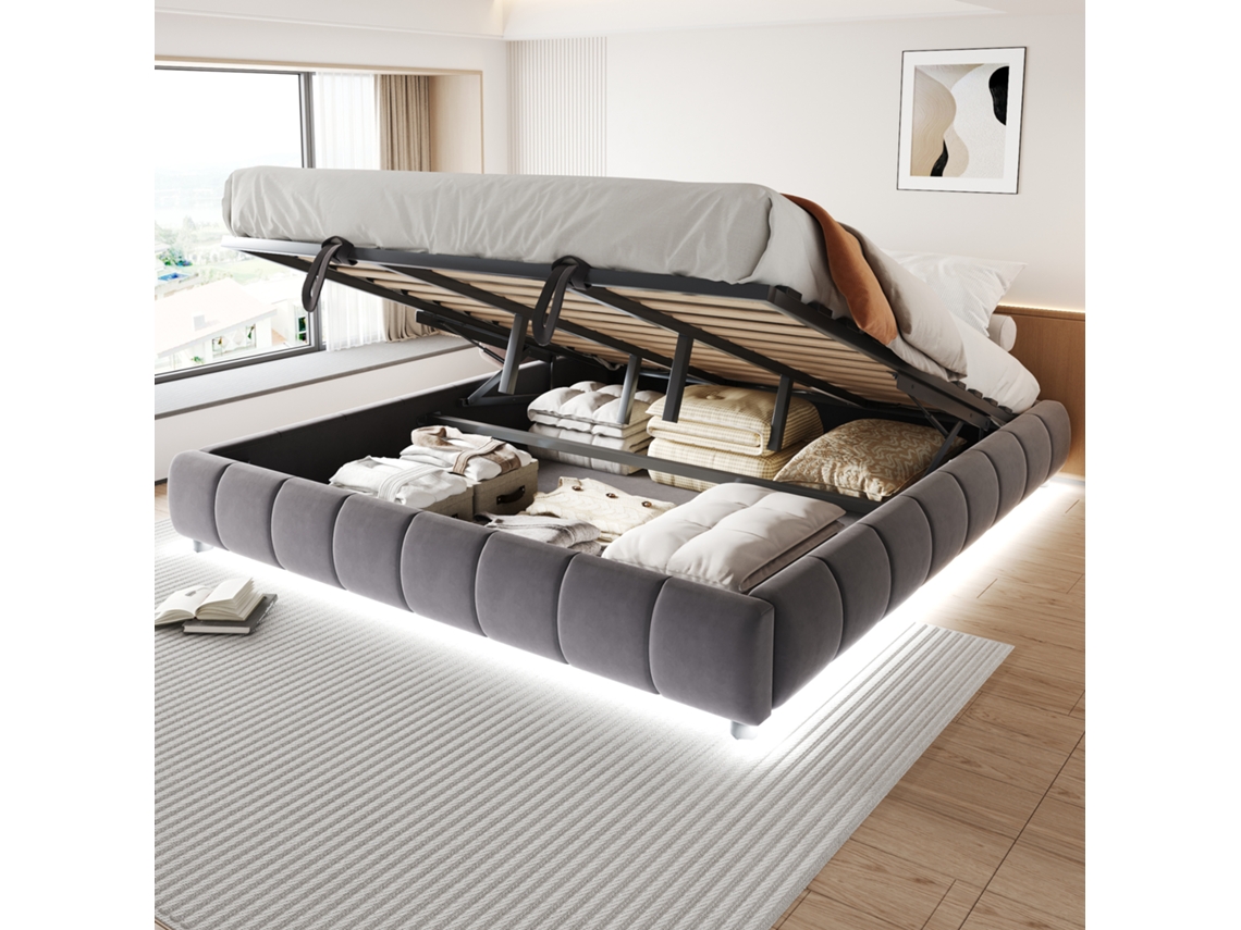 Cama 180x200 Cm Sem Cabeceira Led Armário Hidráulico Cinza