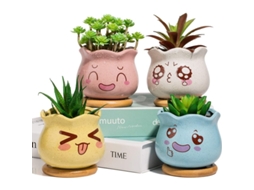 Vaso De Cerâmica Com Prato De Bambu E Decor Emoticon Fofo, 4 Peças Para Succulentas E Decoração De Ambientes
