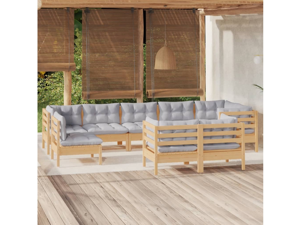 Vidaxl 9 Pcs Conjunto Lounge De Jardim + Almofadões Cinza Pinho Maciço