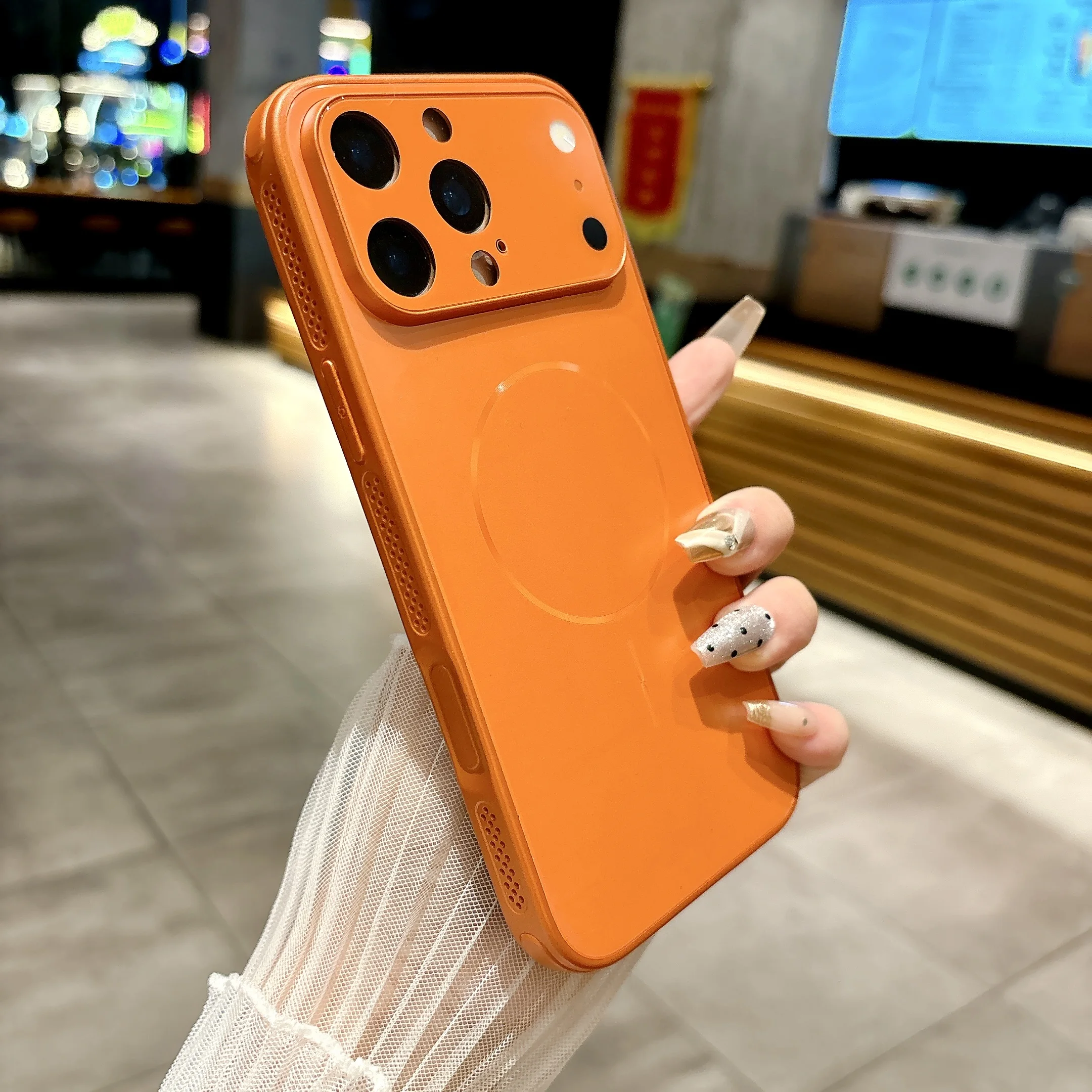 Capa Protetora Com Lente De Vidro Fosco (laranja) Para Iphone 13 Pro Max, Feita De Policarbonato Rígido À Prova De Choque.