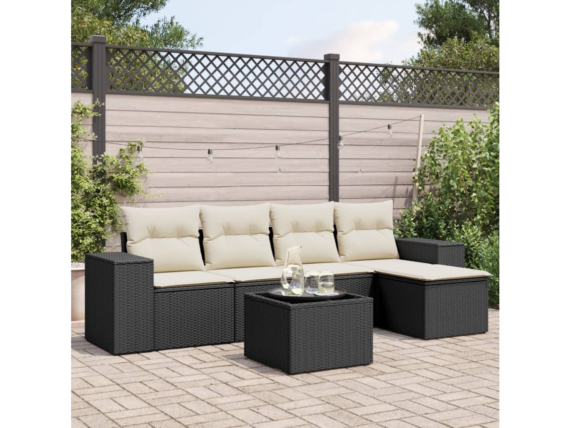 Vidaxl 6 Pcs Conjunto Sofás De Jardim C/ Almofadões Vime Pe Preto