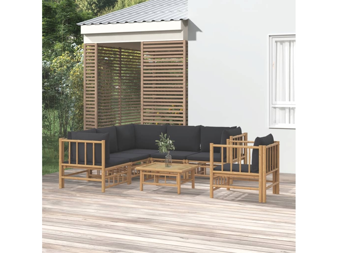 Vidaxl 7pcs Conj. Lounge De Jardim Bambu C/ Almofadões Cinzento-escuro