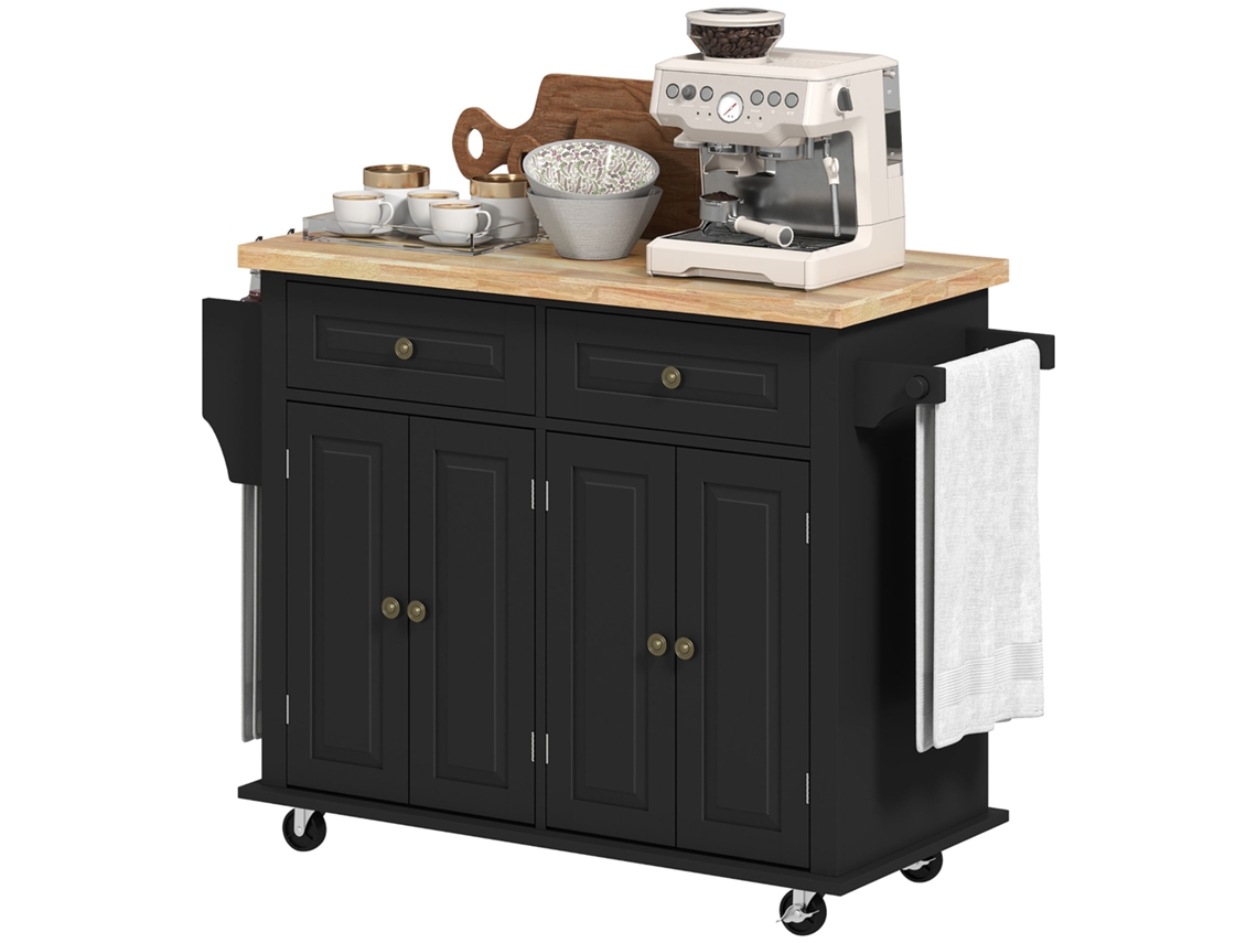 Ilha De Cozinha Com Rodas 2 Gavetas 4 Portas Suporte Para Temperos E Barra Lateral 111x44,5x82,5 Cm Preto E Madeira