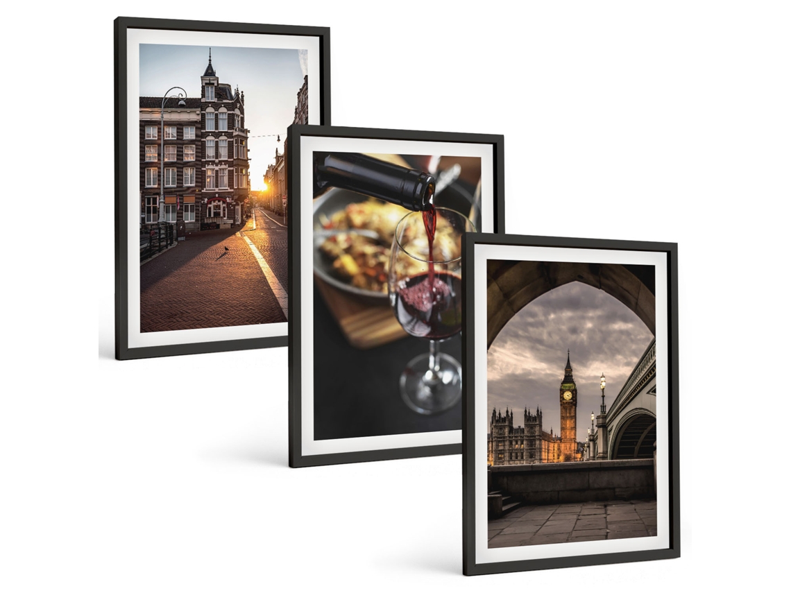 Pinturas Murais Modernas Pinturas Da Cidade, Comida, Londres Moldura Preta Pinturas De Quarto Espelharte (3 Piezas De 40x60 Cm)