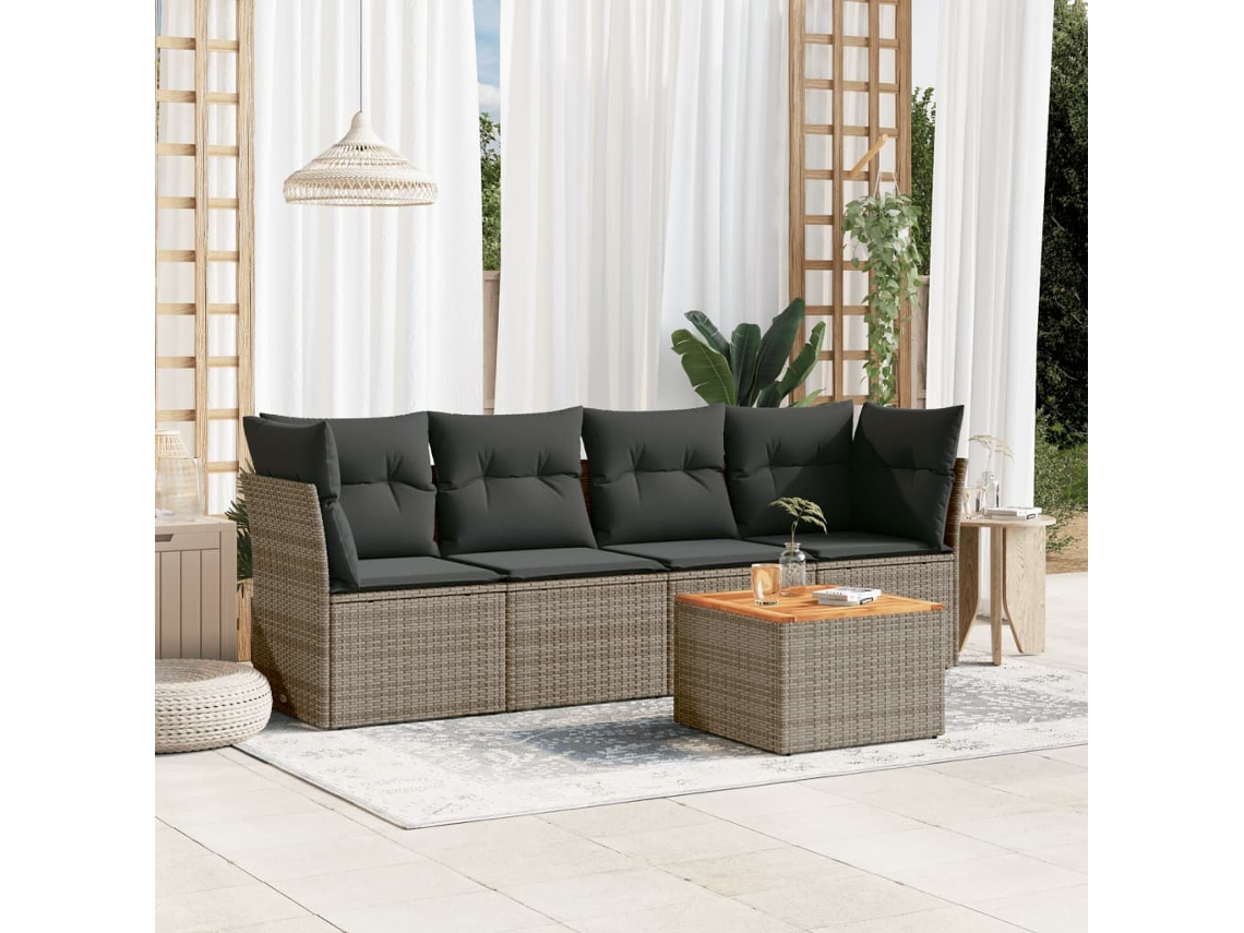 5 Pcs Conjunto Sofás De Jardim C/ Almofadões Vime Pe Cinza Dkd Home Decor
