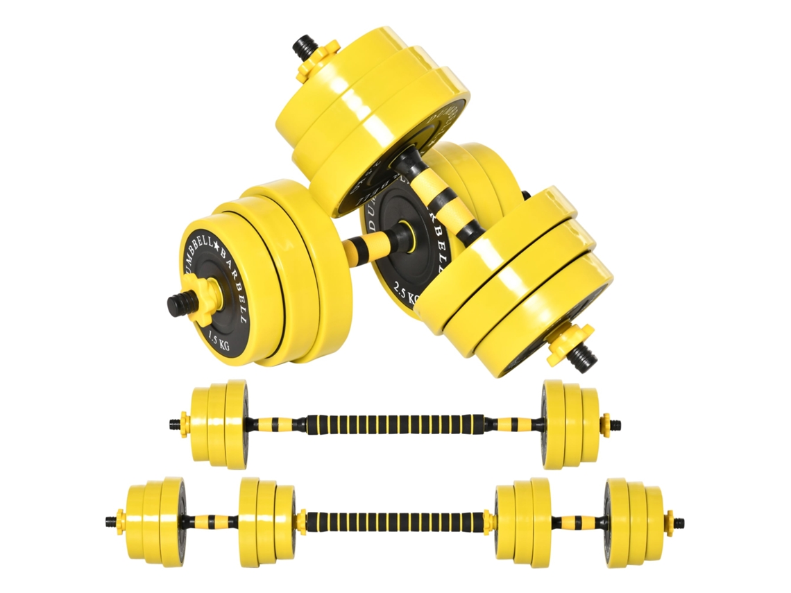 Conjunto De Halteres E Barra De 25 Kg, Ajustável E Ergonômico, 3 Em 1, Com 12 Anilhas, 2 Barras Curtas E 1 Barra Longa, Nas Cores Amarelo E Preto.