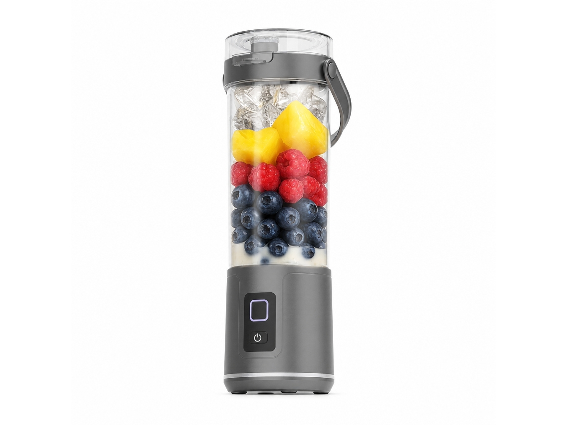 Copo Liquidificador Portátil Elétrico Para Sumos E Batidos, Cinzento, Modelo Bo1 Com Luz Led