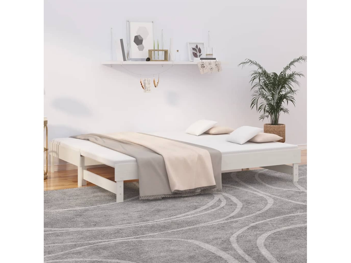 Sofá cama extraíble de 2 plazas (100x200) cm, madera maciza de pino, color blanco