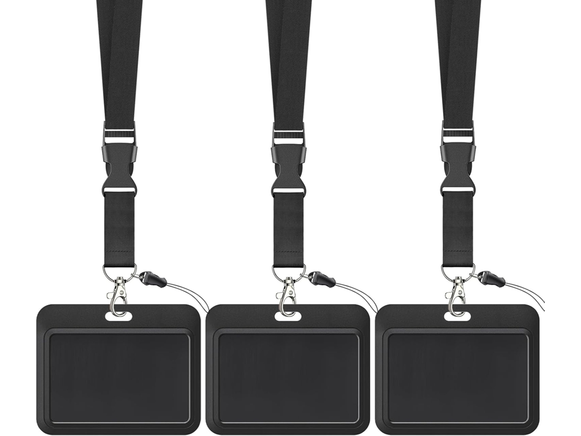 Conjunto de 3 porta-crachás com janela de visualização horizontal em ambos os lados, em plástico, com cordão para escritório e escola.