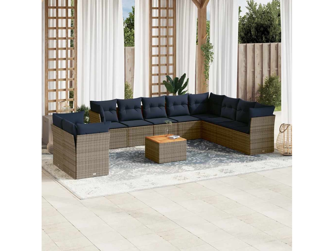 Vidaxl 11 Pcs Conjunto Sofás De Jardim C/ Almofadões Vime Pe Cinzento