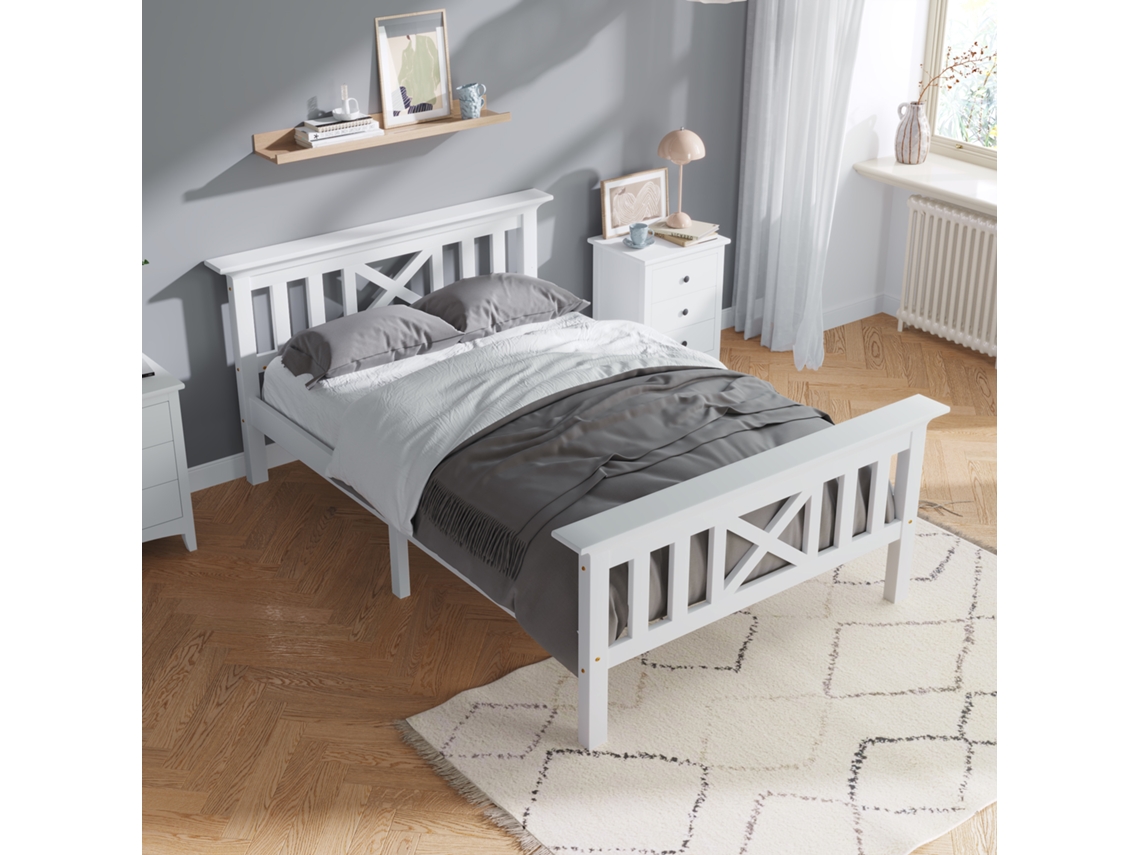Cama De Madeira Maciça Com Estrado De Ripas - 90x200cm - Branco