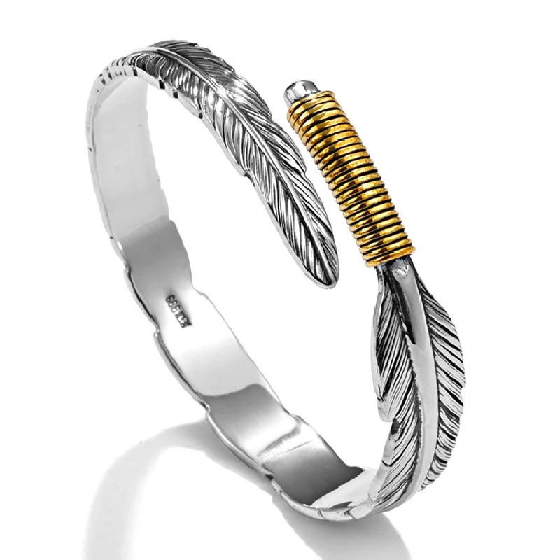 Pulseira Vintage Tibetana Aberta Em Prata, Com Design De Folhas E Penas, Ideal Para Casais.