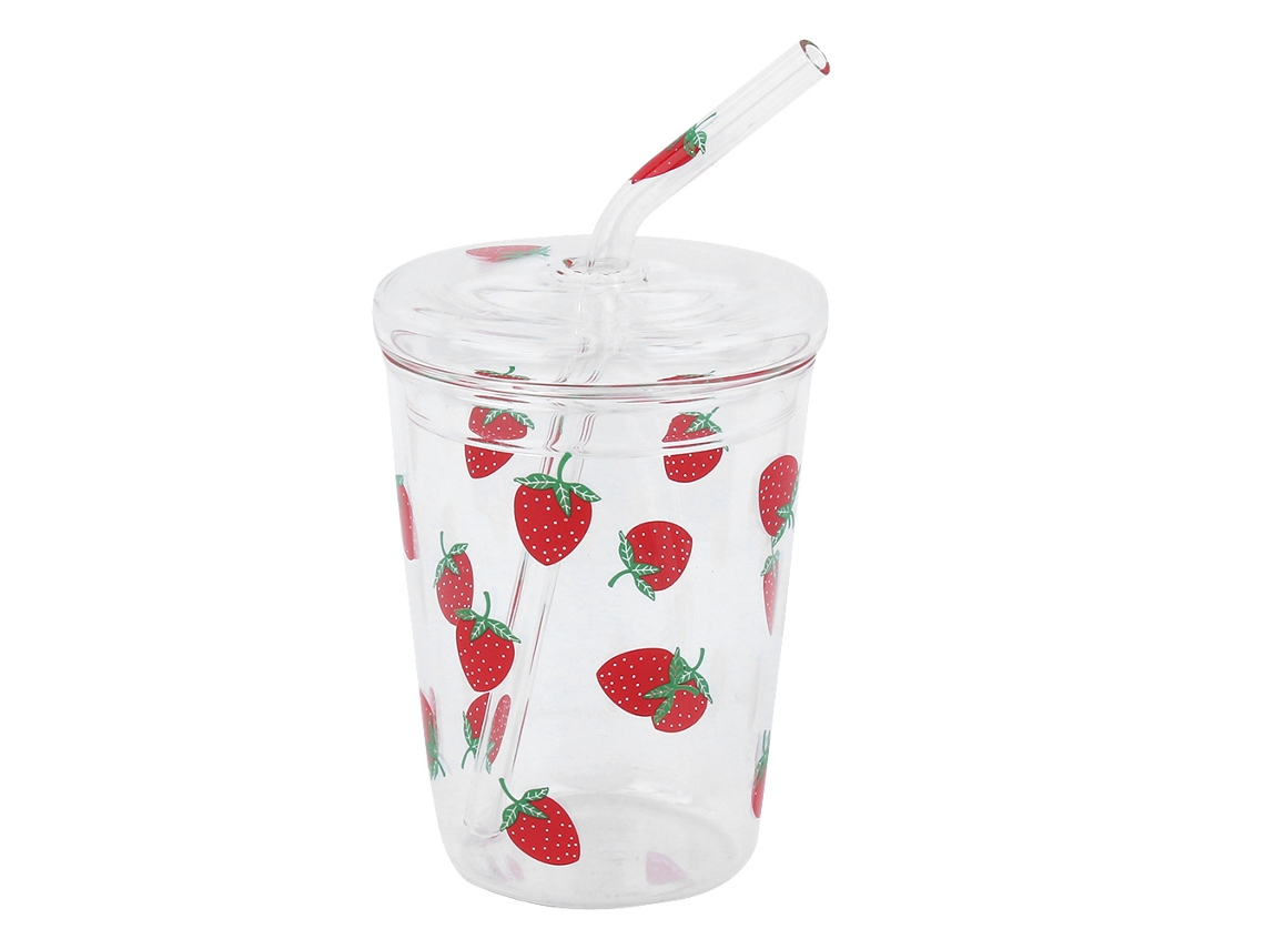 Copo de Vidro Transparente com Padrão de Morango, Tampa, Canudo, para Café, Suco, Água, Resistente ao Calor