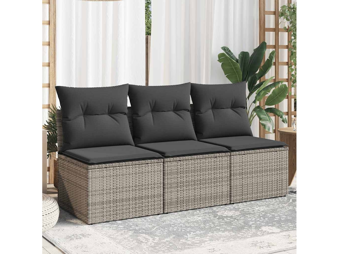 Vidaxl Sofá De Jardim De 3 Lugares Com Almofadões Vime Pe Cinzento