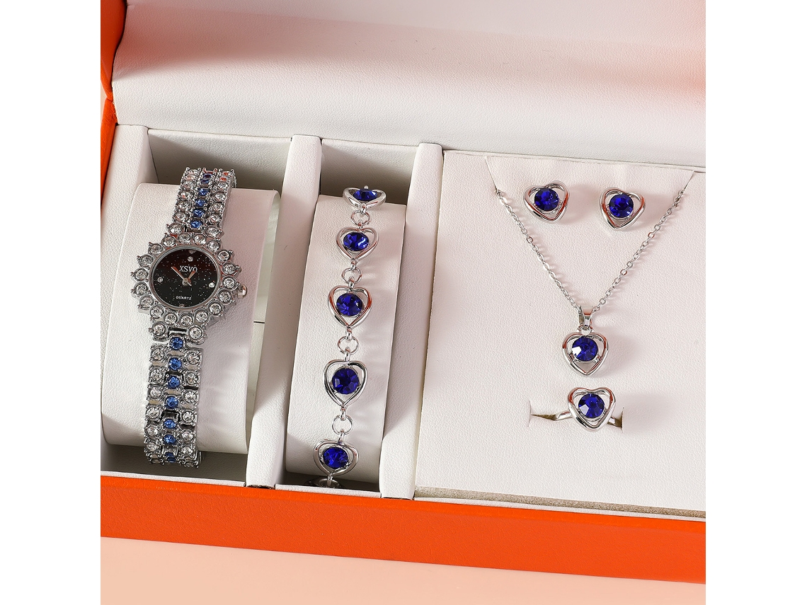 Conjunto de Presente Feminino com Relógio, Colar, Pulseira de Safira, Anel, Brincos e Caixas SPQMENT