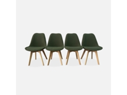 Cadeira Estilo Escandinavo Em Tecido Bouclé Com Pés Em Madeira, Set De 4, Caqui