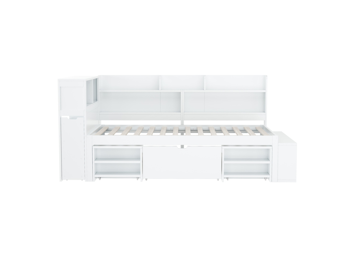 Cama Infantil Solteiro PAPRIKA 90x200cm Multifuncional com Gavetas, Estante e Armário, amplo espaço de armazenamento, branca
