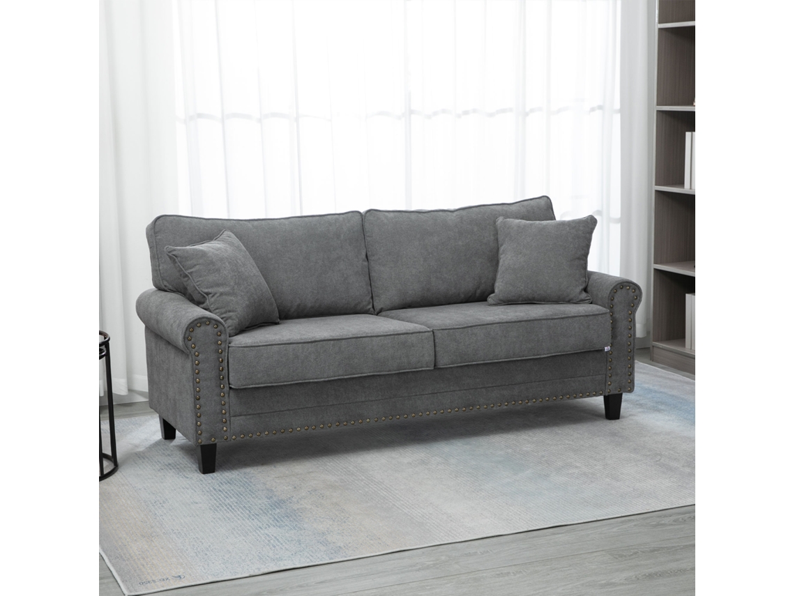 Sofá De 2 Lugares Estofado Poliéster Com 2 Almofadas Pés Madeira Borracha 196x80.5x89cm Cinza