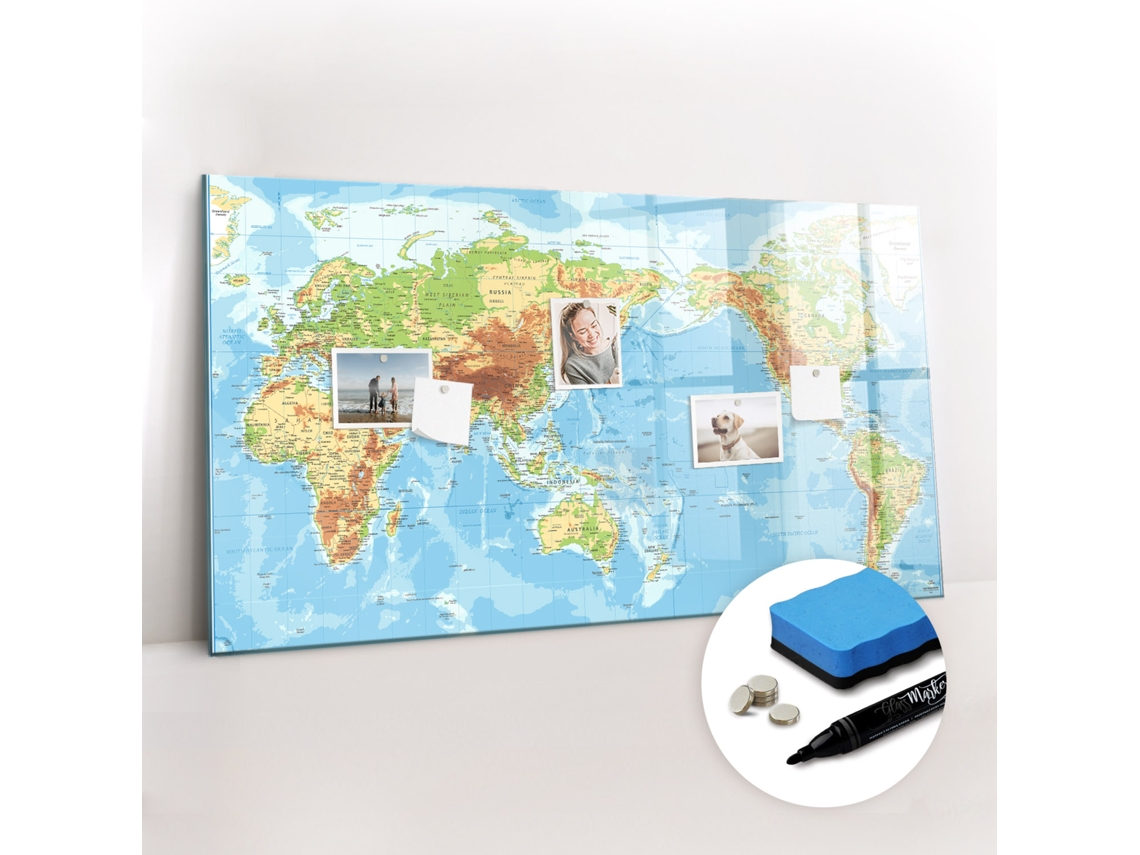 Quadro De Vidro Magnético Mapa-múndi Físico Para A Cozinha Espelharte (120x60 Cm)