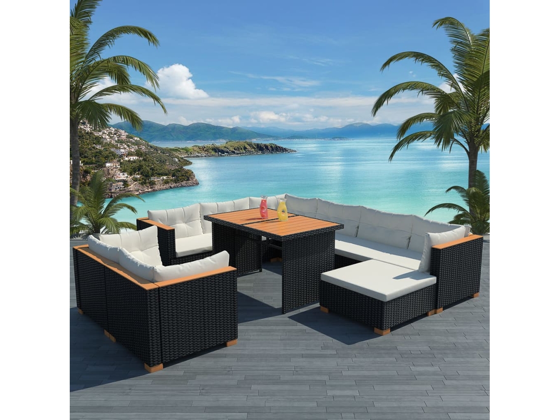 Vidaxl 10 Pcs Conjunto Lounge De Jardim C/ Almofadões Vime Pe Preto