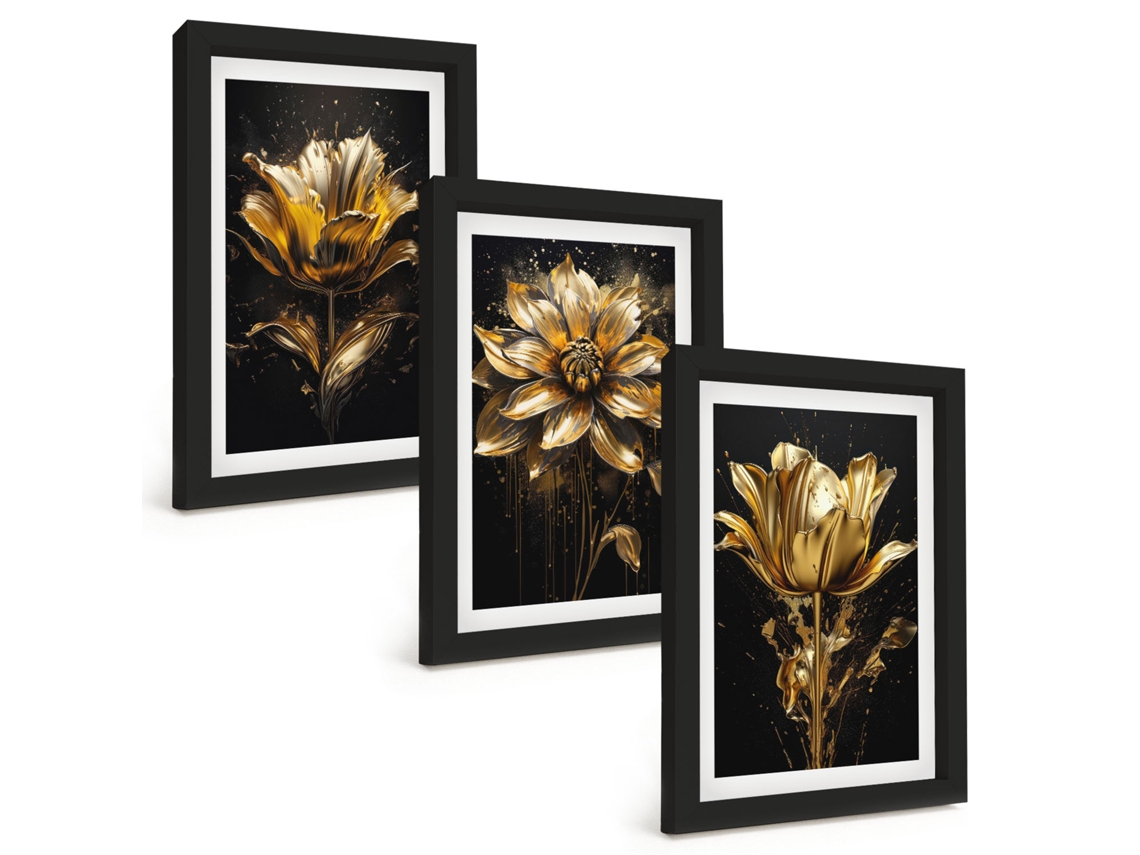 Composição De Quadros Flores, Amarelo, Fundo Escuro Espelharte (3 Peças 20x30 Cm)