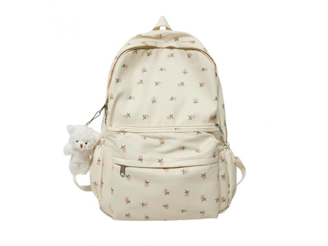 2026-mochila Escolar Com Estampa De Flores Mochila Portátil De Lona Leve Para Viagens E Compras Branco Cremoso