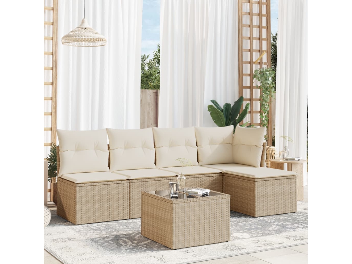 Vidaxl 6 Pcs Conjunto De Sofás P/ Jardim Com Almofadões Vime Pe Bege
