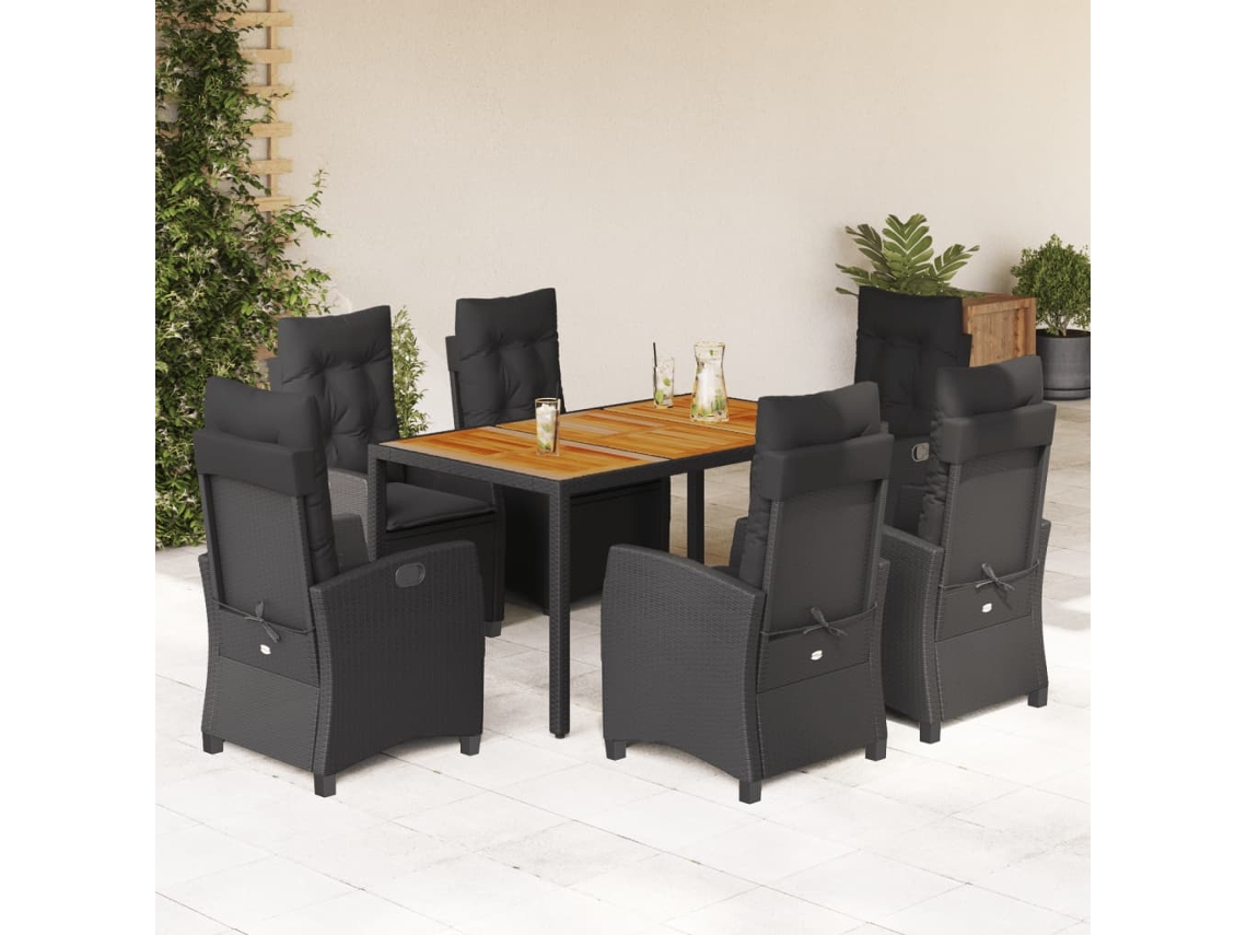 Vidaxl 7 Pcs Conjunto De Jantar P/ Jardim C/ Almofadões Vime Pe Preto