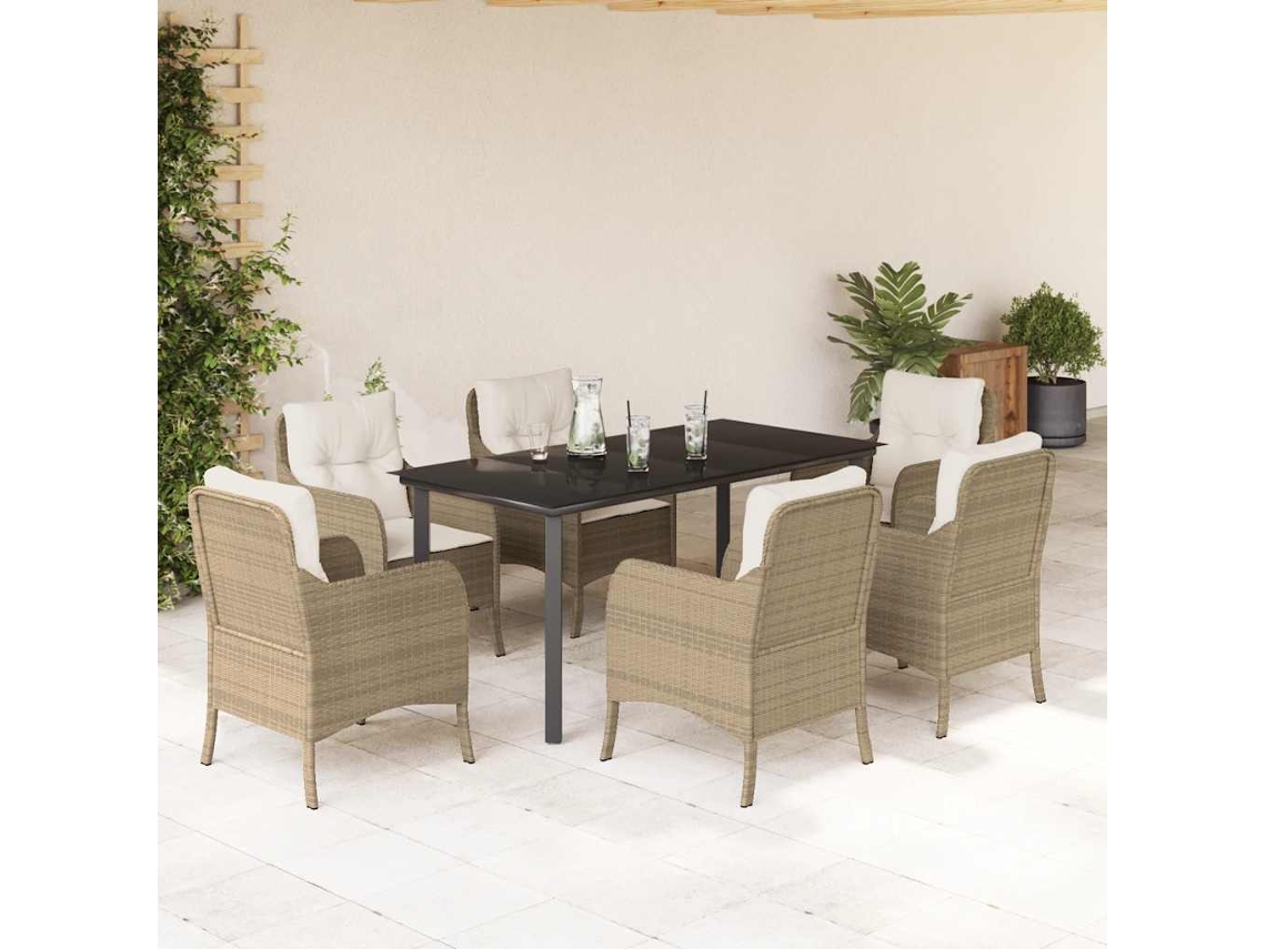 Vidaxl 7 Pcs Conjunto De Jantar P/ Jardim Com Almofadões Vime Pe Bege
