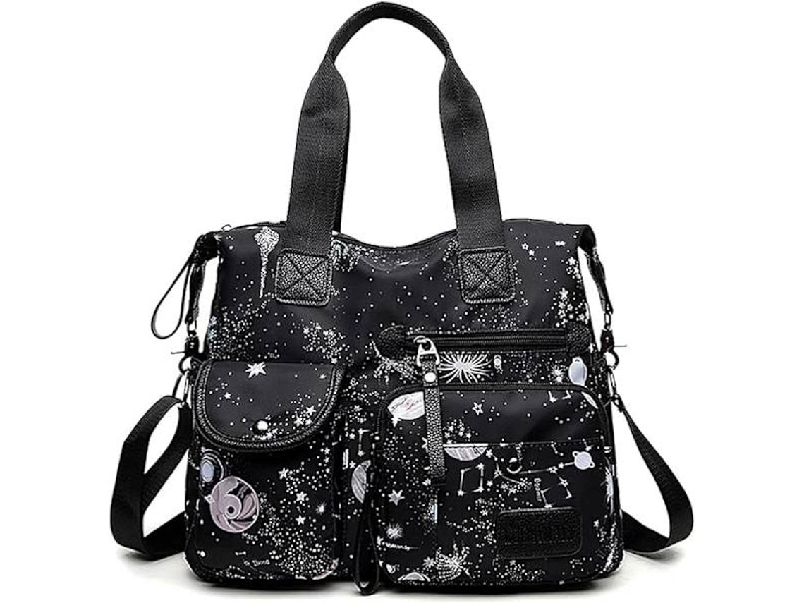 Bolsa Feminina AQUAFORGE, estilo tote, espaçosa, vários bolsos, zíper, nylon, preta com estampa de céu estrelado