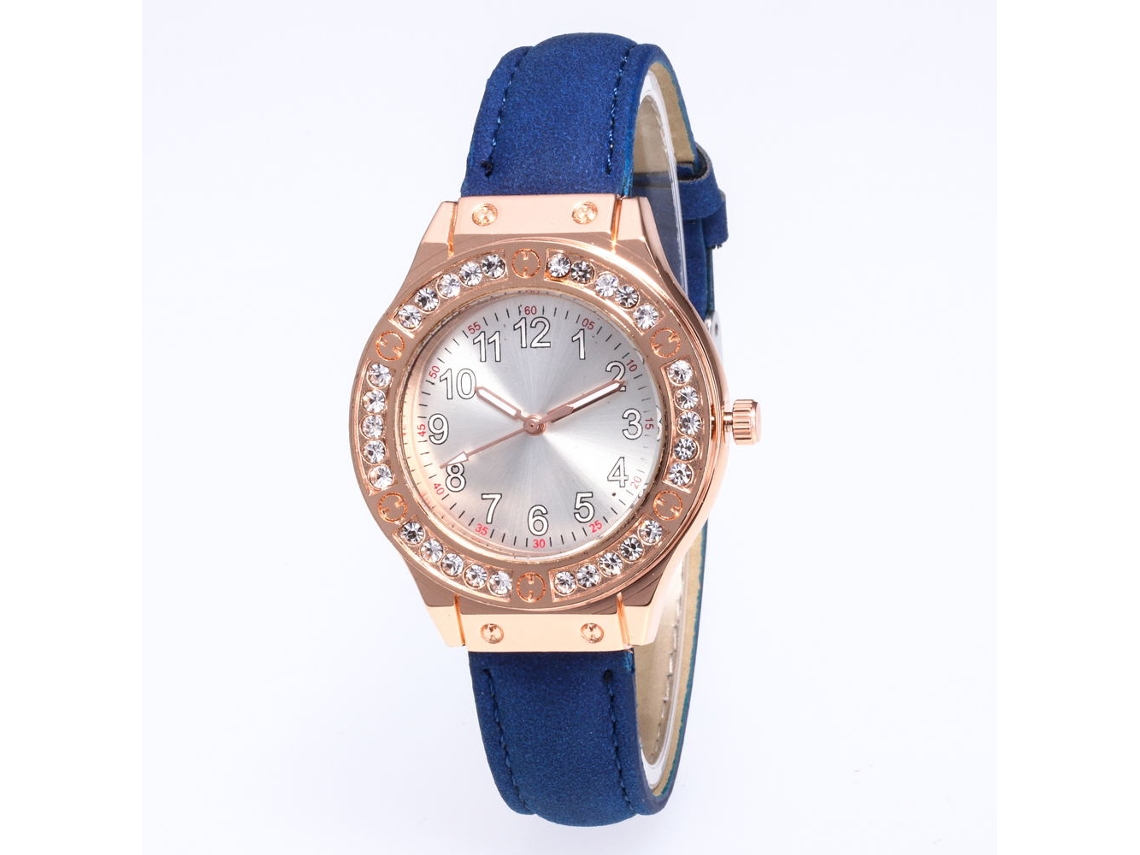 Relógio feminino de quartzo com pulseira de couro sintético e diamantes, mostrador redondo azul royal.