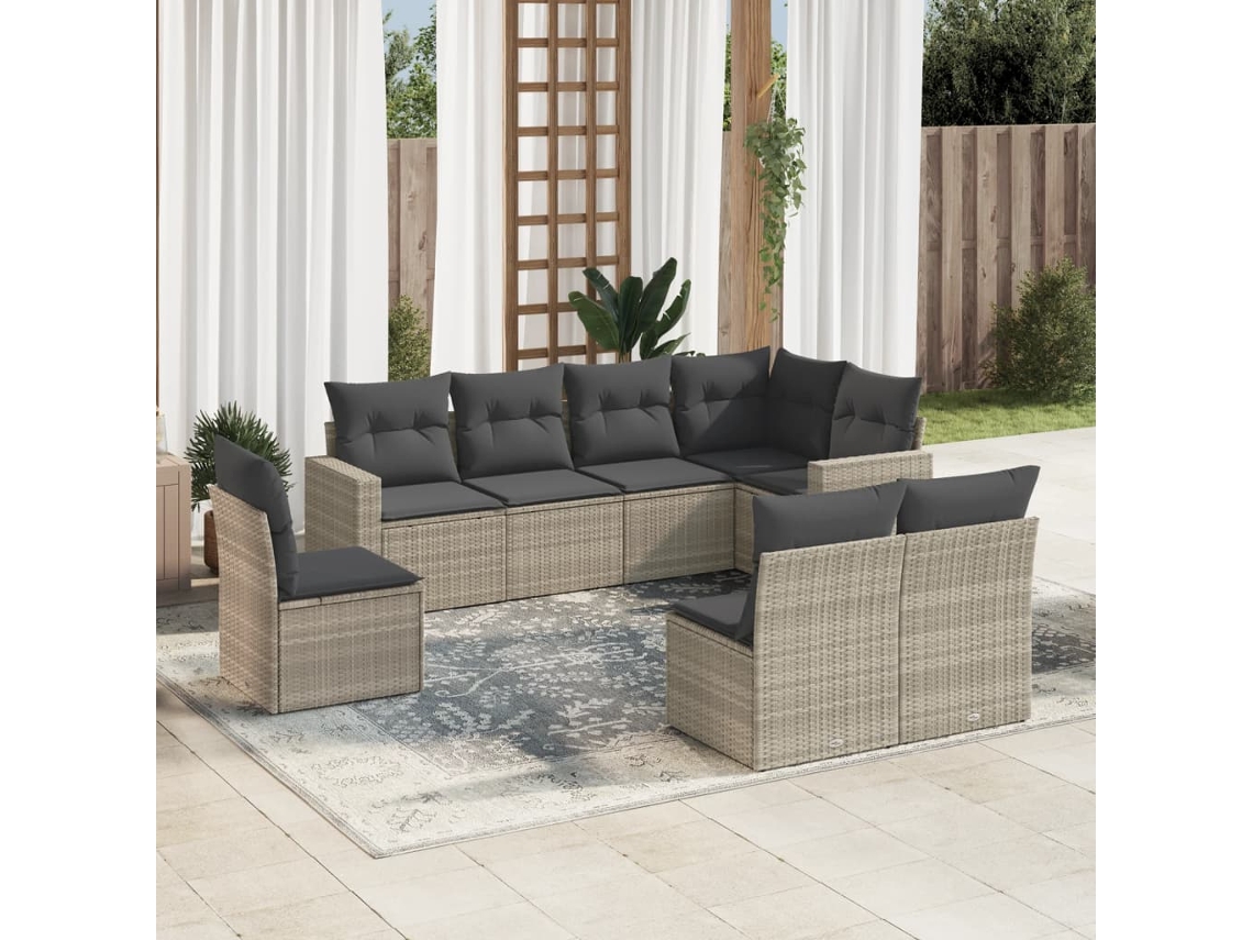 Vidaxl 8 Pcs Conj. Sofás Jardim C/ Almofadões Vime Pe Cinzento-claro