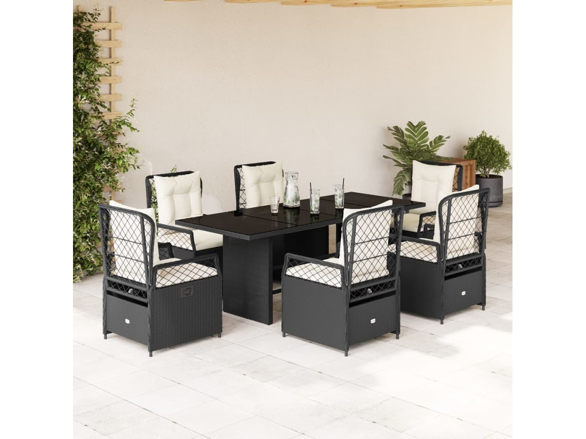 Vidaxl 7 Pcs Conjunto De Jantar P/ Jardim C/ Almofadões Vime Pe Preto