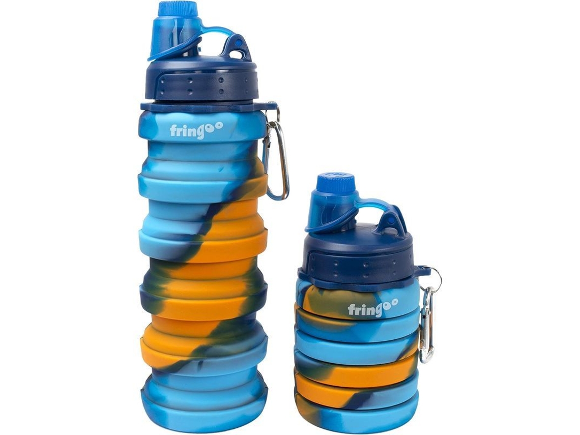 Garrafa de água dupla Rebe com mosquetão para crianças, camuflagem amarela e azul.