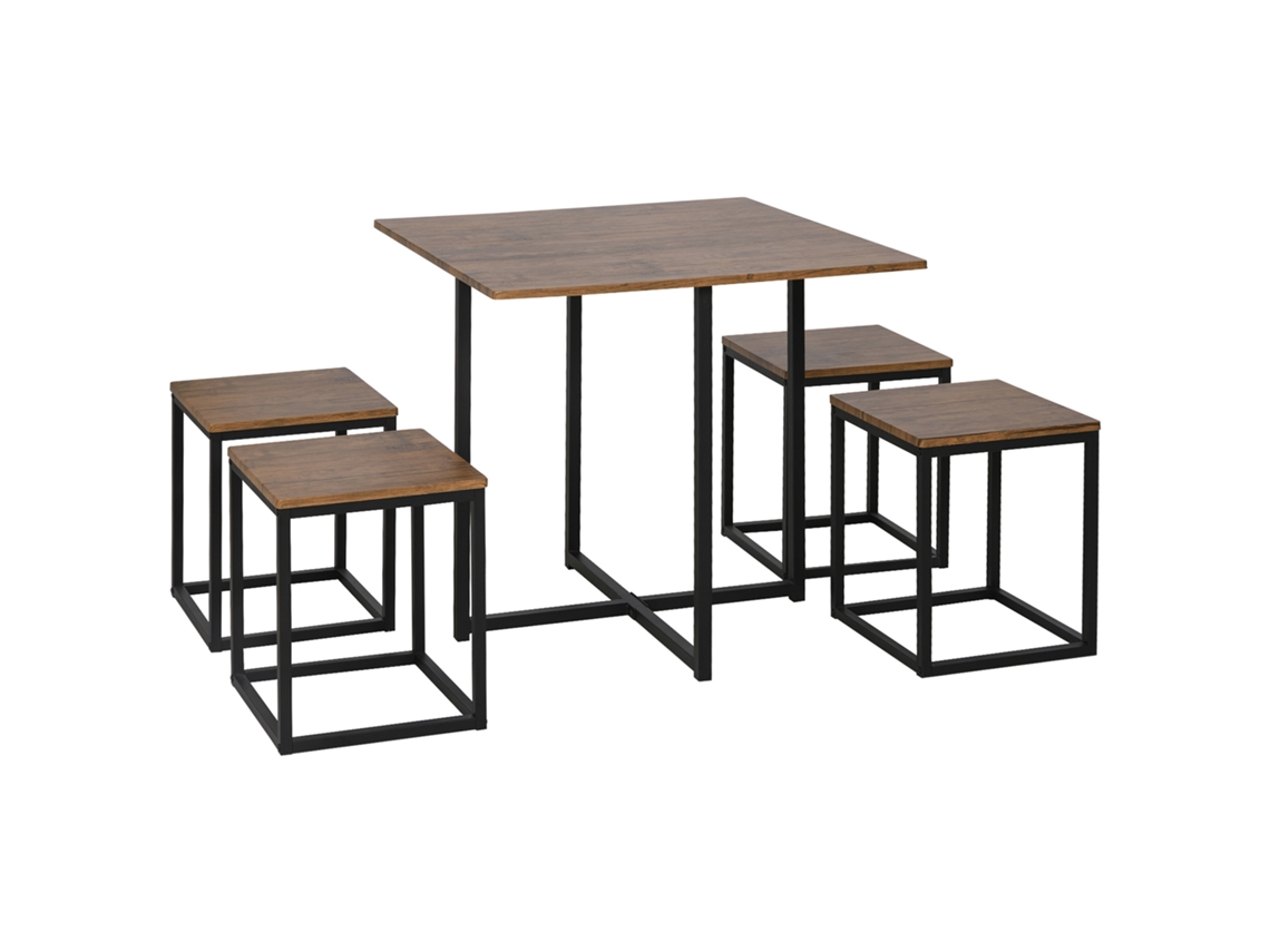 Conjunto de 5 cadeiras e mesa de jantar modernas estilo industrial preto e madeira BTFORUS