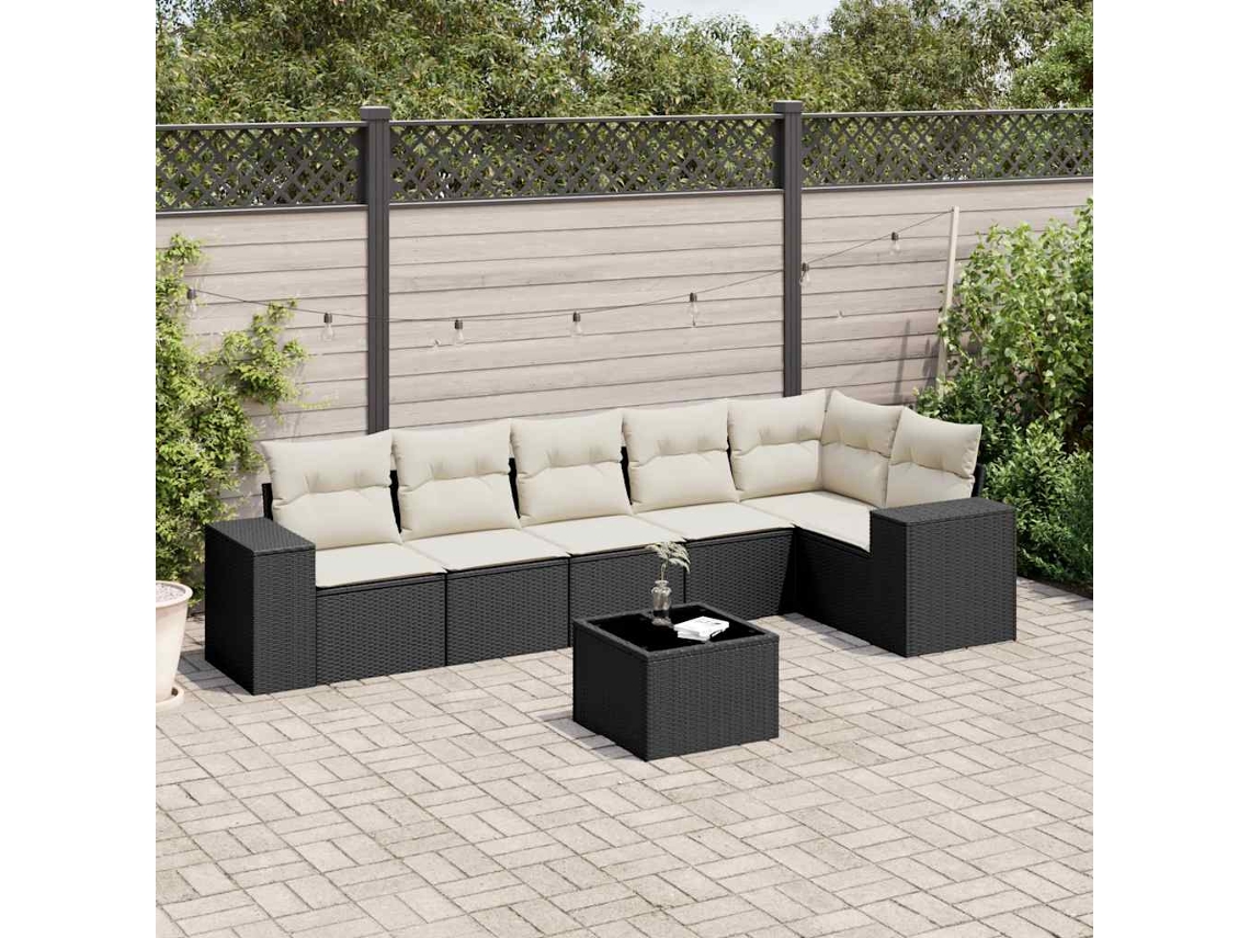 Vidaxl 7 Pcs Conjunto De Sofás P/ Jardim C/ Almofadões Vime Pe Preto