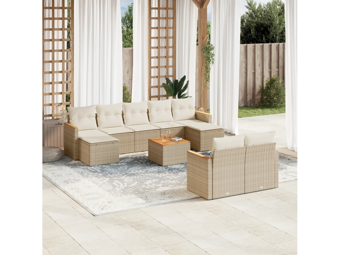Vidaxl 10 Pcs Conjunto De Sofás P/ Jardim Com Almofadões Vime Pe Bege