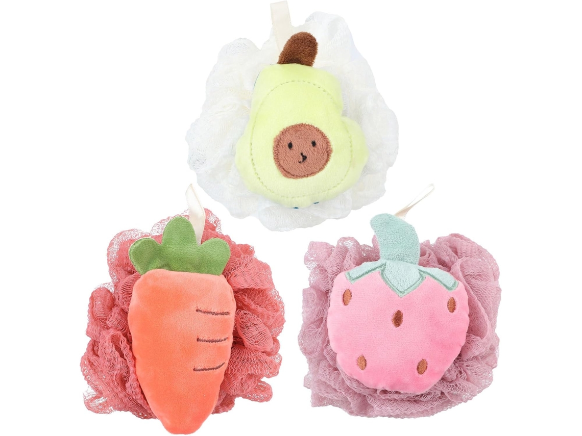 Conjunto de 3 bolas de algodão para banho em formato de frutas, fáceis de usar e com compartimento para guardar.